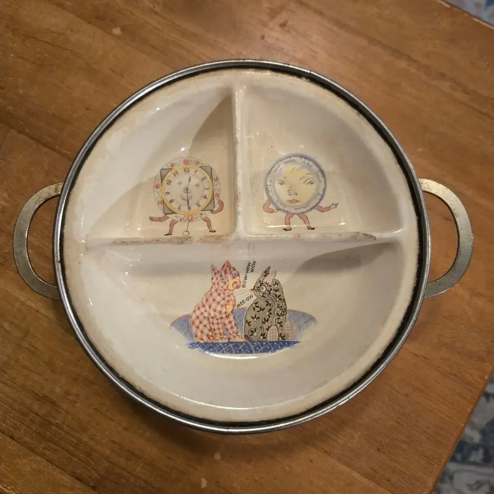 Vintage Excello Baby Food Warming Dish Cats Clocks Moon Divided Ceramic Plate